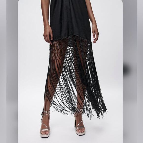 Zara Black LINEN DRESS WITH FRINGE Size Large - Picture 10 of 16